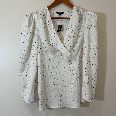 Express Womens Top Medium White Polka Dot Draped Wrapped Career Retro Y2K