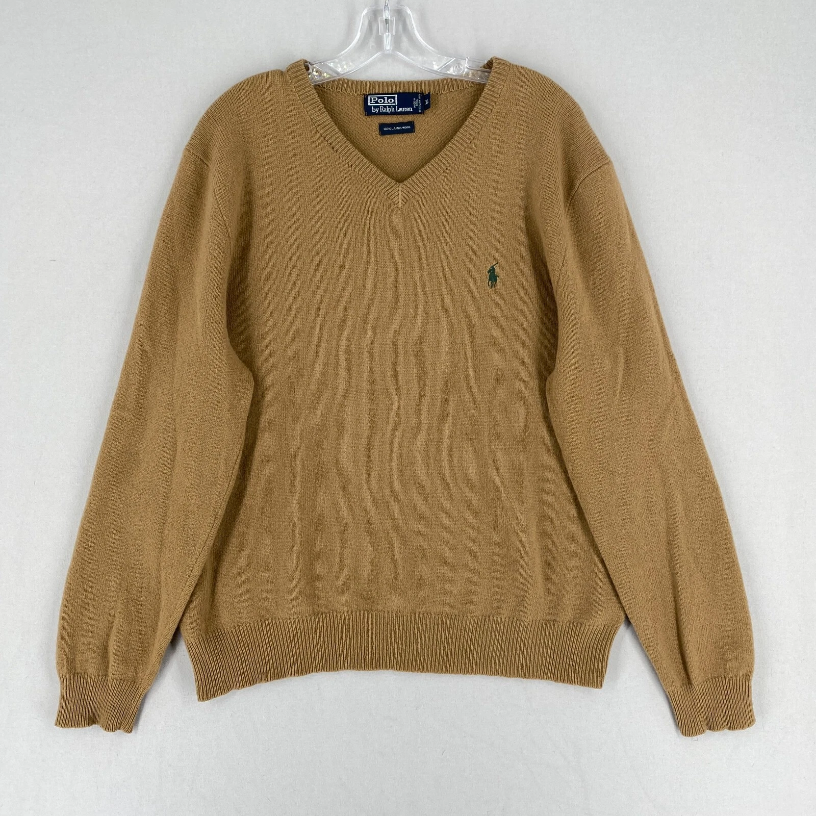 Vintage Polo Ralph Lauren 100% Lambs Wool Sweater Mens XL Tan Brown V Neck *