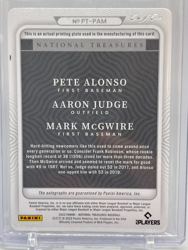 2022 National Treasures Pete Alonso Aaron Judge Mark McGwire Triple Auto 1/1 - Picture 2 of 2