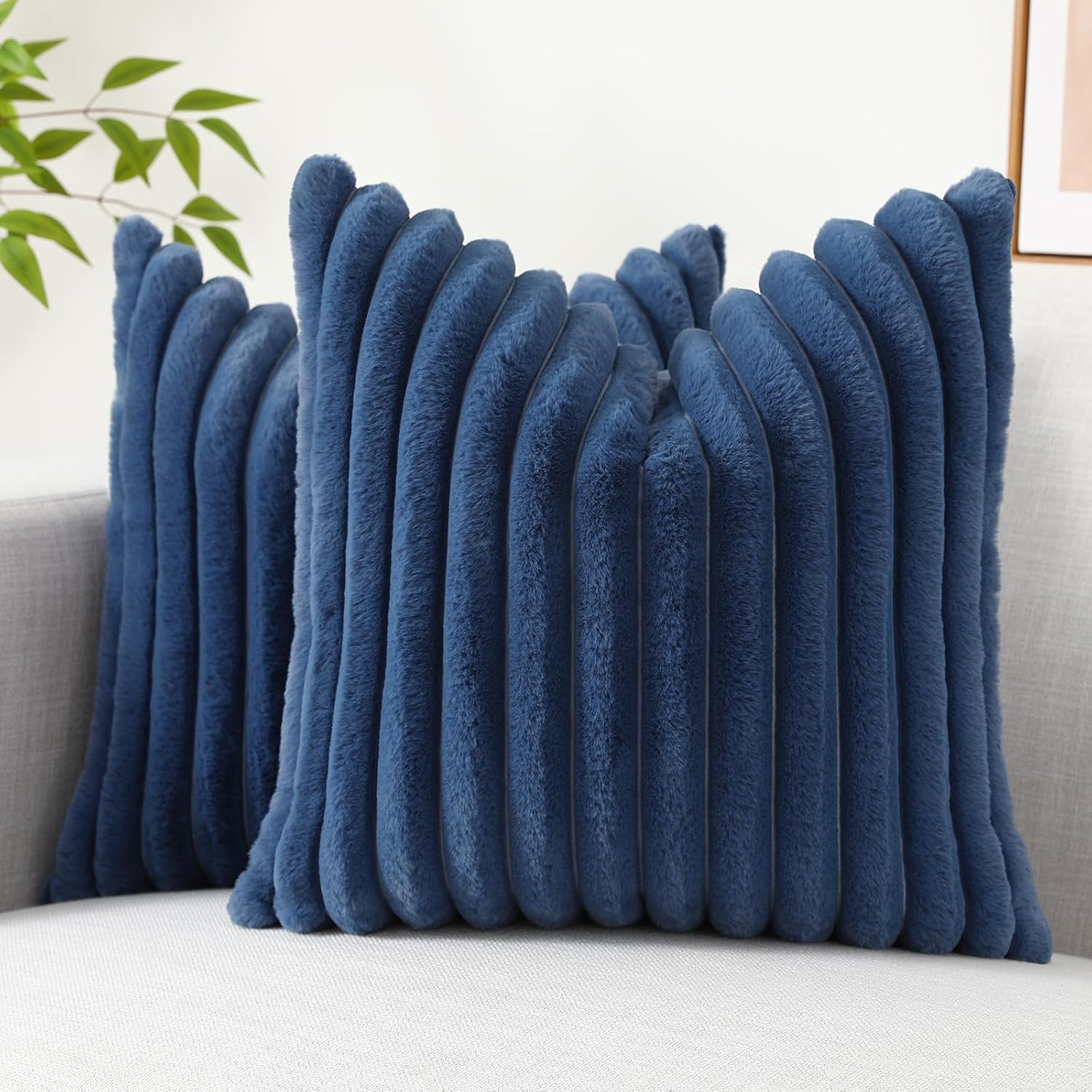 Soft Plush Faux Fur Striped Cushion Covers 18x18 Set of Two