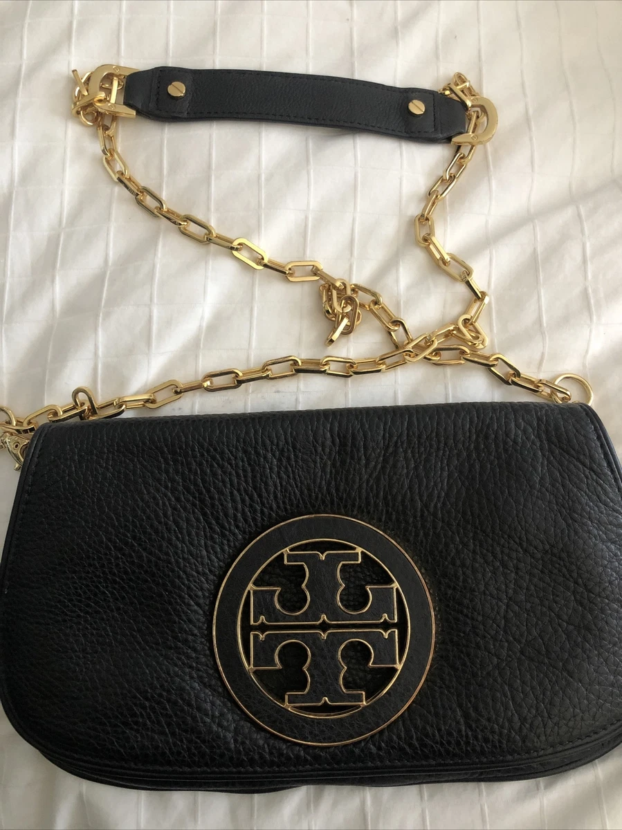 Tory Burch Black and Gold Reva Amanda Crossbody Clutch