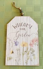 Welcome To Our Garden Sign Tag Shape Flowers Floral Beads Hang Decor 7  x4.5  NEW