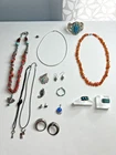 VTG STERLING SILVER JEWELRY LOT 16pcs TURQUOISE RINGS AMBER NECKLACE BELL NICKEL