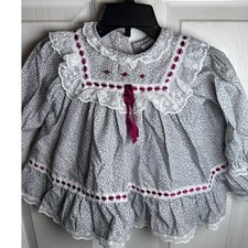 VTG Baby Girl Floral Calico Lace Dress Gray Burgundy Ribbon 12 Months USA 80's