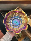 Super Pretty Purple Northwood Carnival Glass Greek Key Pattern Ruffled Bowl
