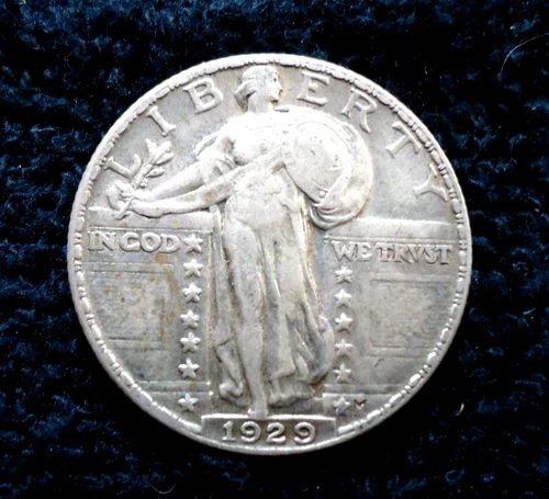 1929-p Standing Liberty 25c Quarter Coin 90% Silver Looks VF-XF Condition