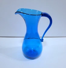 Blenko Art Glass Blue Pitcher Vintage 1960s Mid Century Modern #569p
