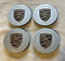 (4) PORSCHE SILVER METAL CENTER CAPS BADGES MADE IN GERMANY OEM ORIGINAL FACTORY