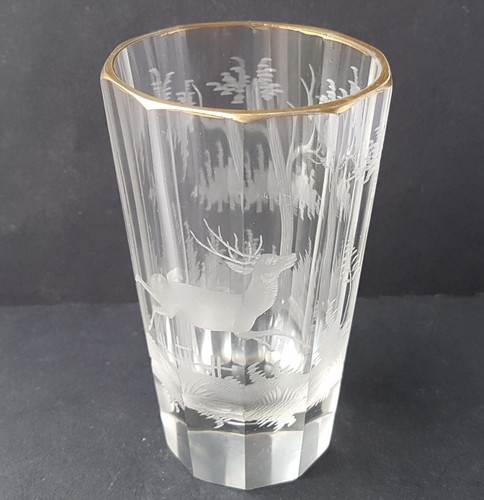 Glas Becher Jagd Hirsch handgraviert um 1900 M433 - Picture 3 of 18