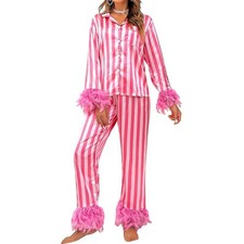 Women Valentine's day Feather Pajamas Silk Satin Lounge Sets Medium, Pink