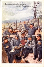 WWI German Soldiers in Trenches Music Scene Postcard 1915 Artist Signed Hartmann