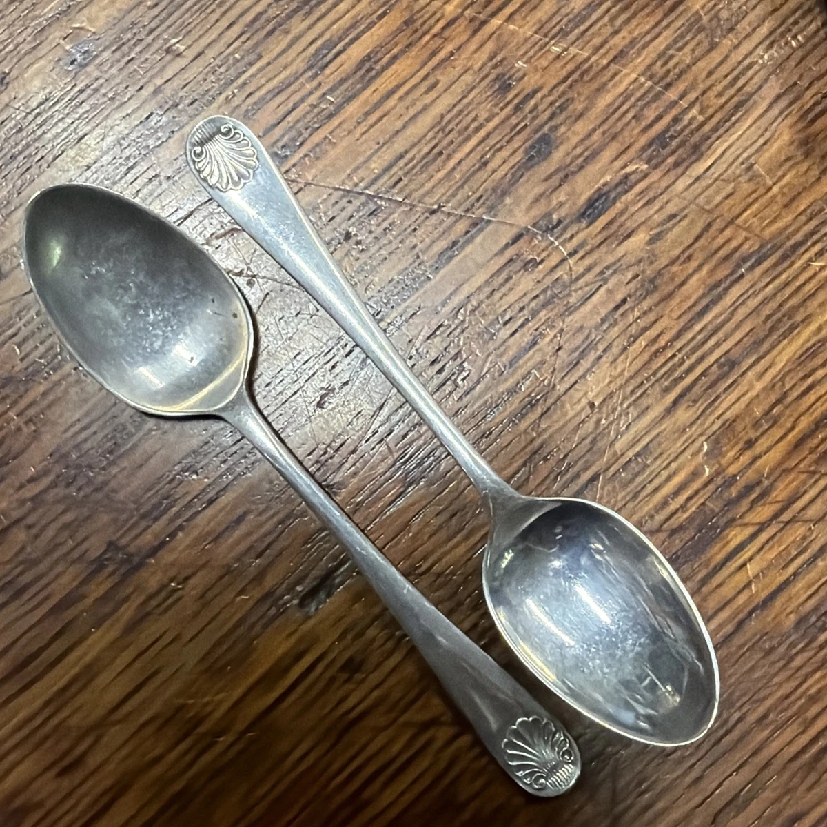 Pair Sterling Silver Hanoverian Shell Coffee Spoons Sheffield 1943 CB&S 102mm