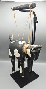 Vintage Black and White Folk Art Cat Marionette, 9" X 8.75", 15" W/Handle