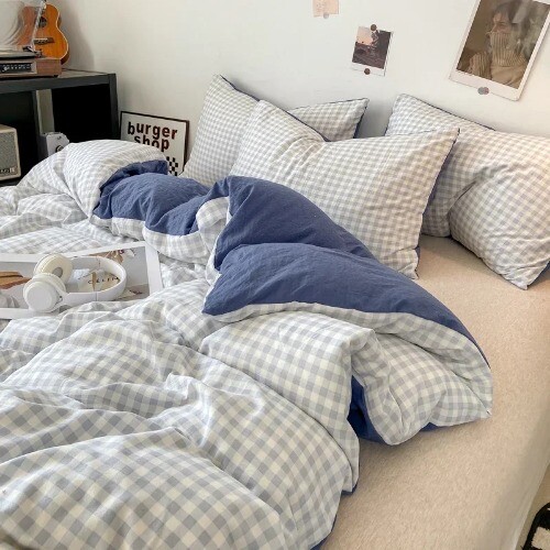 Japanese Style Check Queen Duvet Cover Set 1/3 Pcs Soft Washed Quilt Cover - Bild 27 von 36