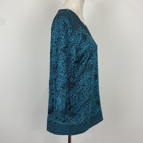Caroline Morgan Womens Size 10 Teal/Black Floral Striped 3/4 Sleeve Blouse - 第 2/8 張圖片