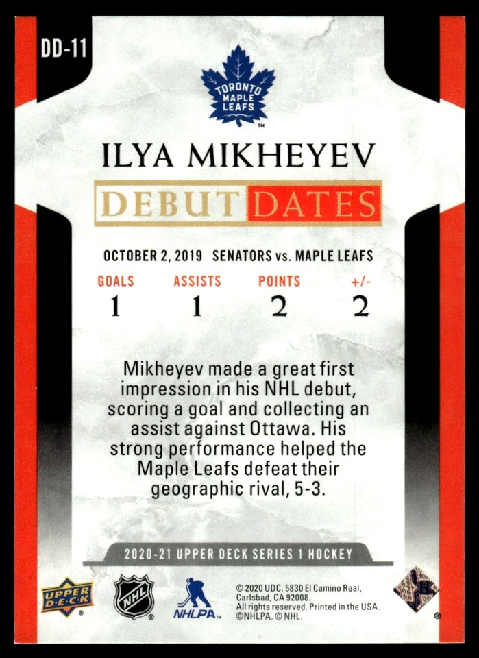 2020-21 Upper Deck Debut Dates Ilya Mikheyev Toronto Maple Leafs #DD-11 - Image 2 of 2