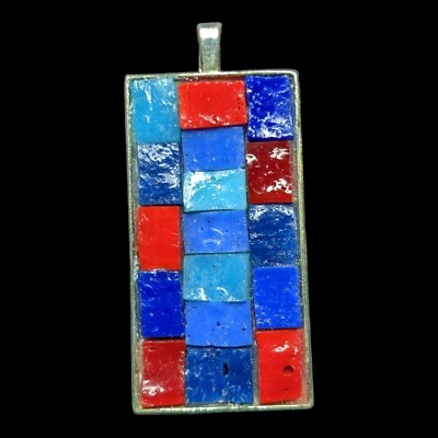 Red Blue Micro Mosaic Silver Back  3''x 2'' Rectangle Pendant