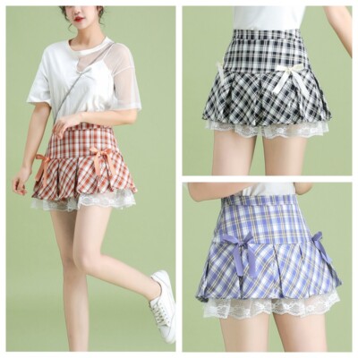 Lady Girl Check Lace Pleated Skirt Splice Frill Mini A-line Plaid