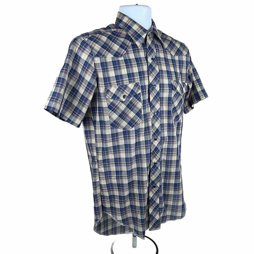 Wrangler Vintage Western Shirt Size 15 Medium Cowboy Rodeo Farm Blue Pearl Snaps - Picture 4 of 7