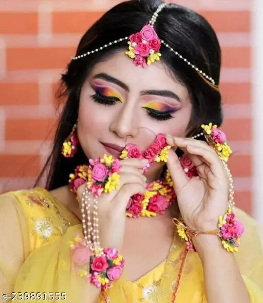Artificial Flower Jewellery Set for mehandi/haldi/baby shower Pink