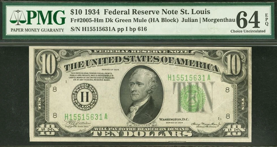 1934 $10 Federal Reserve Note PMG 64EPQ - St Louis - Mule - Fr 2005-Hm - Image 3 of 4