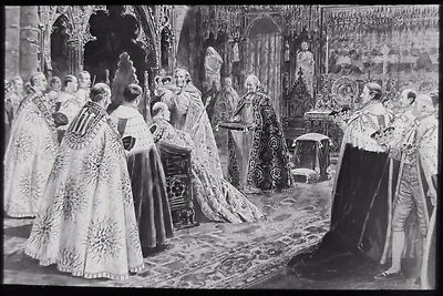 Glas Magische Laterne Dia KRÖNUNG DES KÖNIGS EDWARD VII UM 1901 ZEICHNUNG KÖNIGREICH 