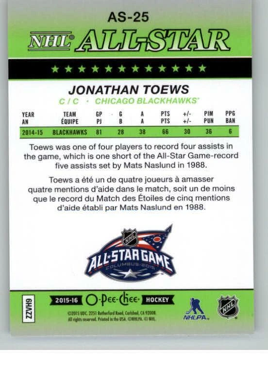 2015-16 O-Pee-Chee All-Star Glossy #AS25 Jonathan Toews (ref 130901) - Image 2 of 2