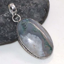 Moss Agate 925 Silver Plated Pendant 1.8" Boho Festival Jewelry JW