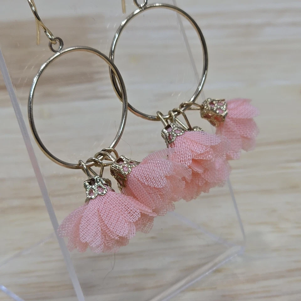 Pendientes colgantes aro tono dorado gota borlas flor melocotón gancho francés núcleo de niña  Foto 2 de 4