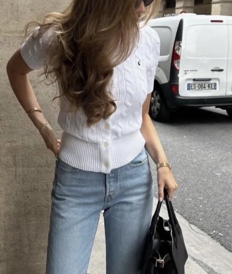 Cárdigan de manga corta tejido con cable blanco talla pequeña/polo Ralph Lauren nuevo con etiquetas Foto 2 de 4