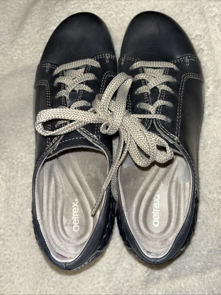 Aetrex Dana EE. UU. 7 UE 37 Zapatos Deportivos Oxford Con Cordones Cuero Azul Detalle Tejido Foto 3 de 4