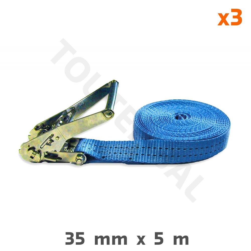 Sangle d'arrimage anti glissement à cliquet 1 Tonne 35mm x 5m lot de 3 pour trajet sécurisé