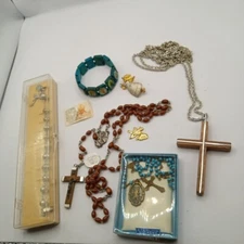 Small Lot Religious Items, Crucifix, Medals, Possible Cope Clasp Set etc.