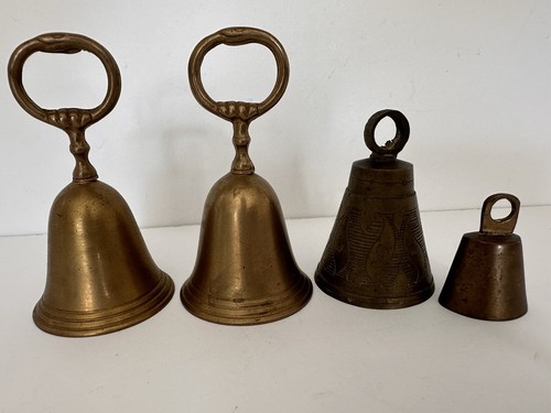 Lot Of 4 Vintage Brass Small Hand Bells~2”, 3.5” and 5”