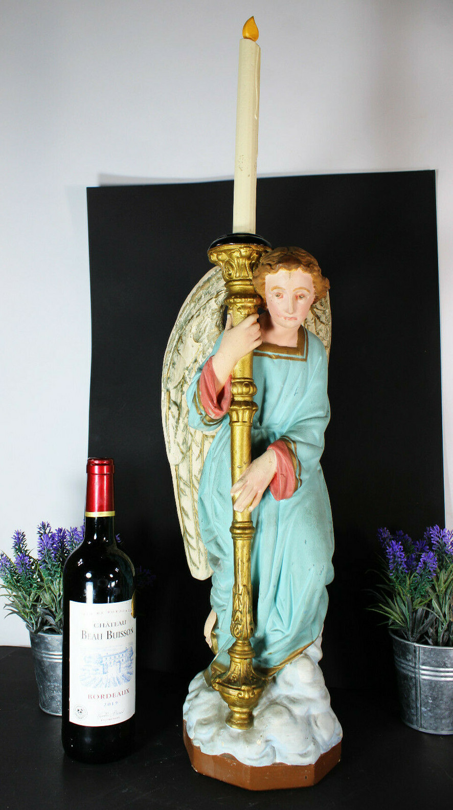 Antique XL saint archangel chalk French religious statue can