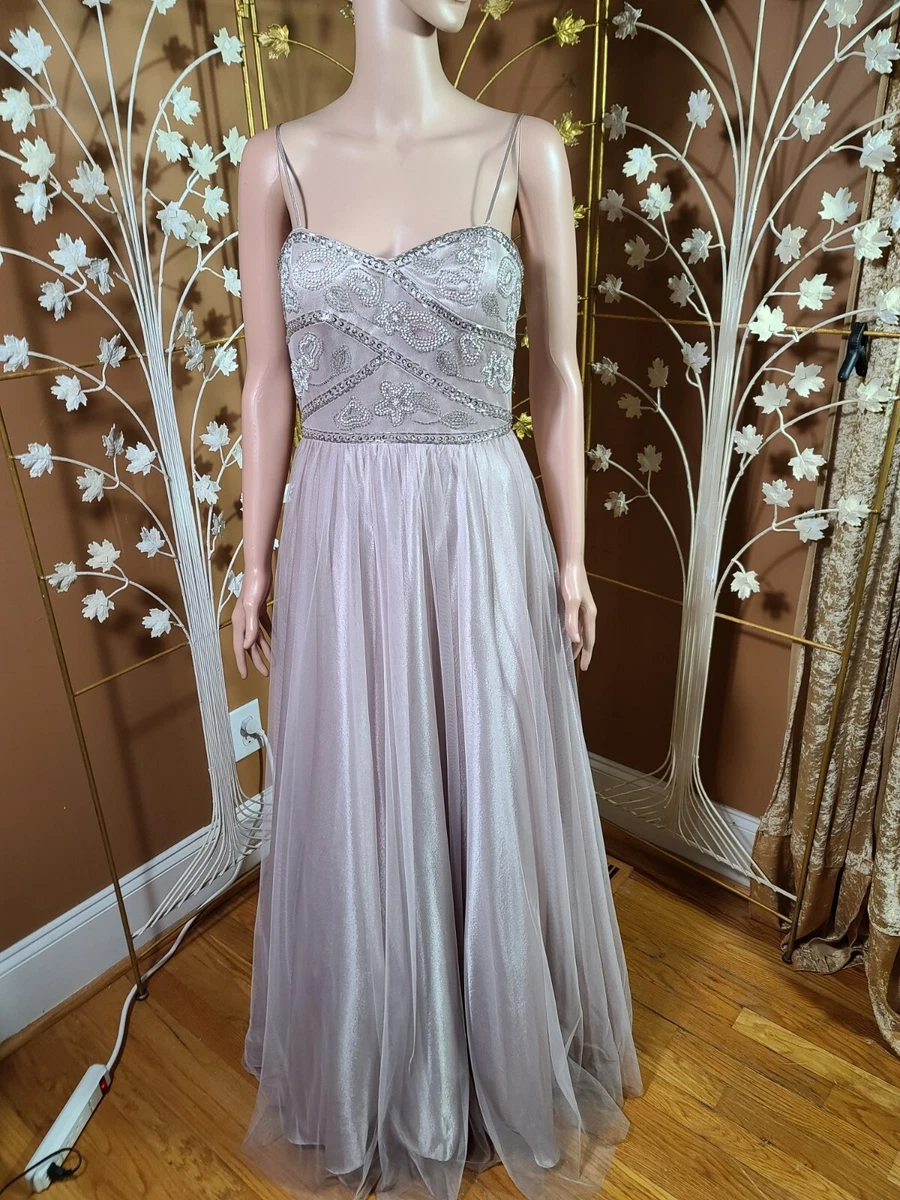 Size 7 8 Formal Platinum Beige Silver Gown Long Dress Bead Work by