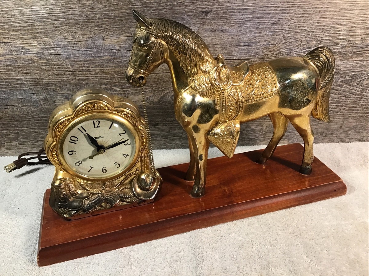 Vintage 1950's Western Theme United Model 315 Brass Horse Clock