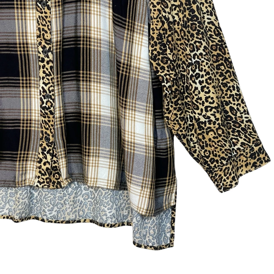 Top de mujer Cato talla 22/24W marrón a cuadros estampado animal 100 % rayón manga lengüeta enrollable Foto 3 de 4