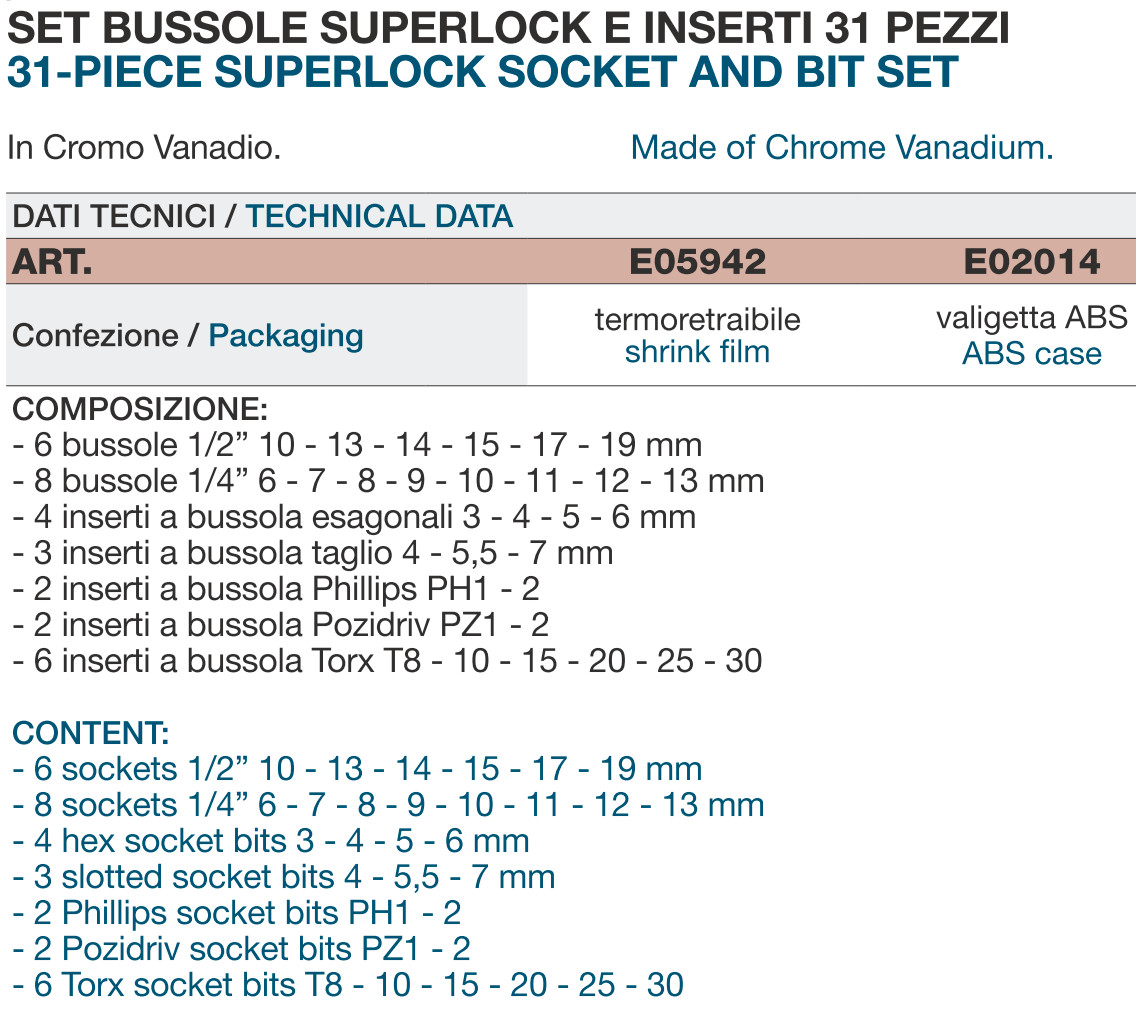 SET CHIAVI SERIE BUSSOLE SUPERLOCK + INSERTI A BUSSOLA 31 Pz KRAVM VALIGETTA  - 2