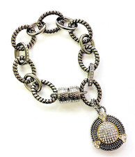 HSN Emma Skye Crystal Accented Steel 2-Tone Disc Charm Oval-Link 8