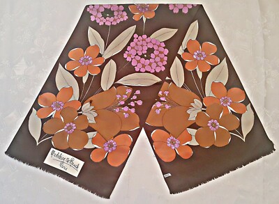 VINTAGE AUTHENTIC MADELEINE DE RAUCH PARIS FLOWERS BROWN SILK LONG WOMENS SCARF