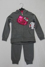 NEW GIRLS HELLO KITTY 2 PIECE GRAY FLEECE ZIP UP JACKET PANTS SET SZ 4, 5, 6, 6X