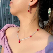 Lady Gorgeous Red Water Drop CZ Necklace Earrings Gold Plated Bridal Jewelry Set