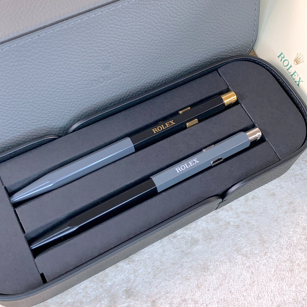 Rolex Caran d'Ache Ballpoint Pen Genuine Rare Set of 2 Grey Black