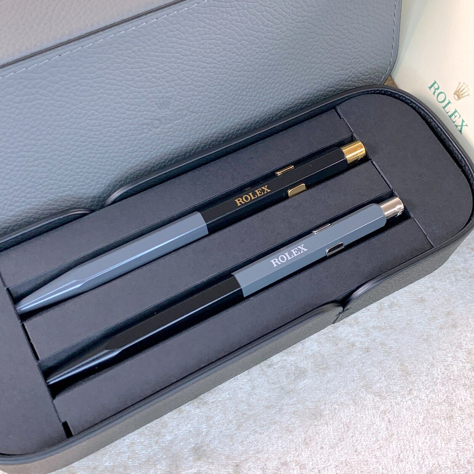 Rolex Caran d'Ache Ballpoint Pen Genuine Rare Set of 2 Grey Black w/Leather Case