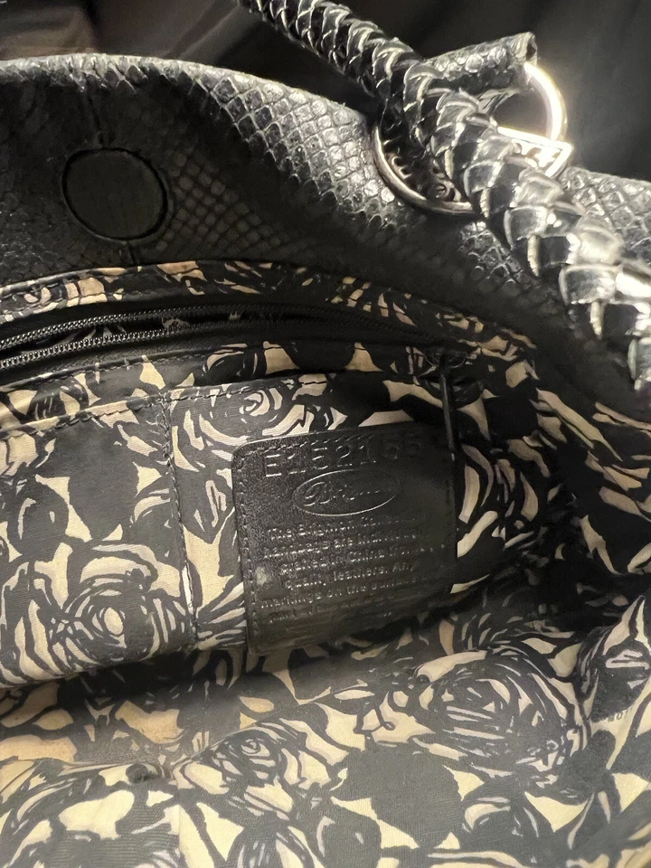 BRIGHTON Black Leather Snake Embossed Satchel Shoulder Bag Purse Silver Accents  - Image 2 of 4