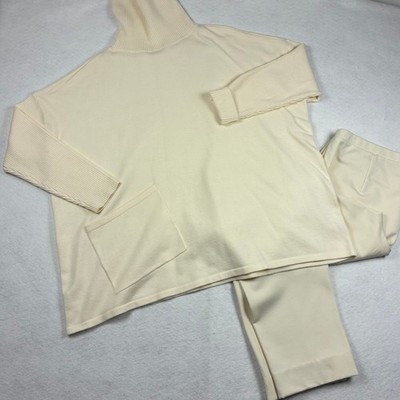 Essential Ivory Knit Set Oversized Turtleneck Sweater and Straight Leg Pants XL