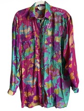 Vtg 80s Judith Ann Creations Silk Sequin Blouse Abstract Watercolor Oversized XS