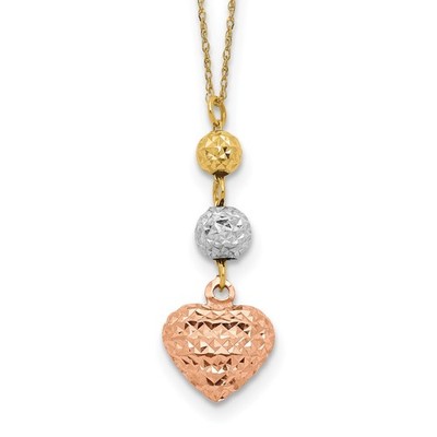 14K Tri-color Diamond-cut Beads and Puffed Heart 16 inch Necklace Plus 2 inch