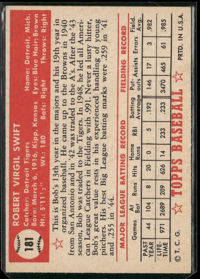 1952 Topps #181 Bob Swift VG/VG-EX - Image 2 of 2